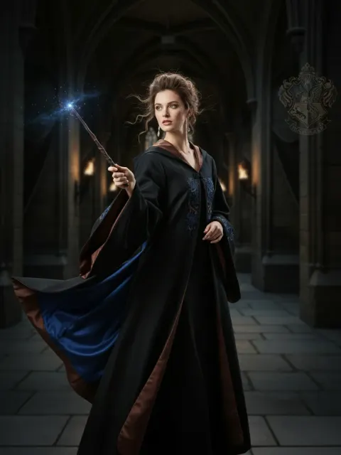 Portrait in Hogwarts-style cloak