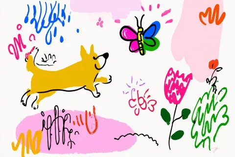 Children hand drawing of dog & butterfly