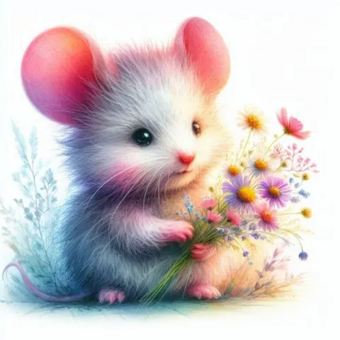 Fluffy Mouse Holding Wildflowers Pastel Watercolor