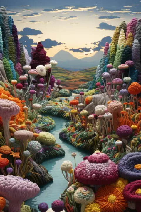 Outdoor Landscape Scene in Crochet Knitting Style