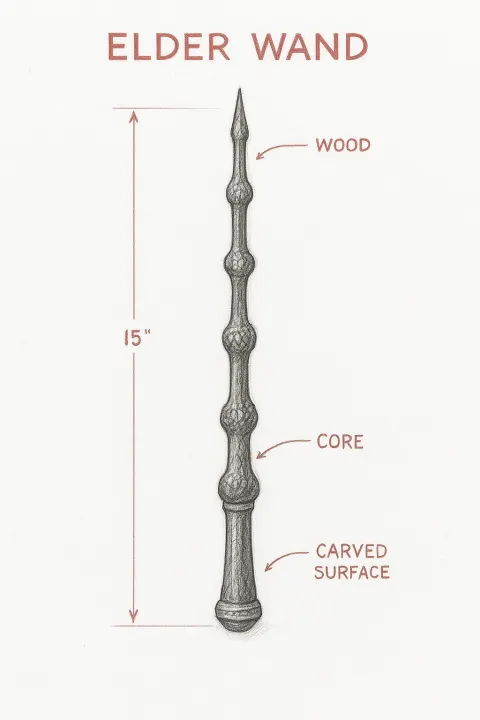 Detailed technical drawing of a Elder Wand
