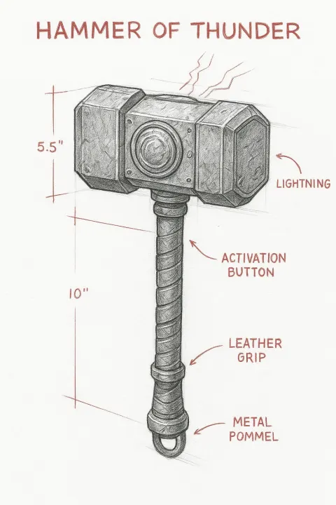 Detailed technical drawing of a hammer of thunder
