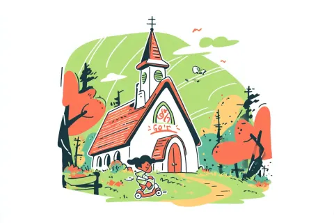 Cartoon illustration of little child and church
