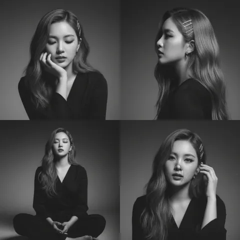 4 panel black-and-white portrait of kpop star