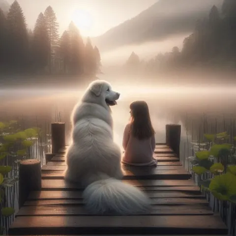 Pyrenean Mountain Dog and Girl on Misty Lake Dock