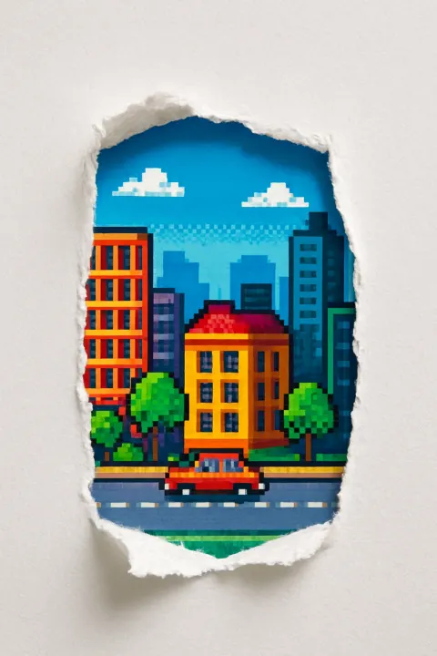 Torn paper revealing 8-bit future city