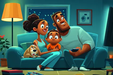 Family on sofa in cartoon style