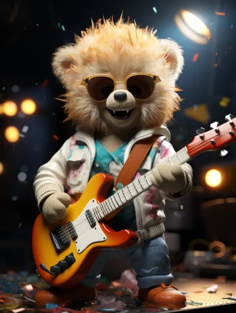 Cute Bear in Glasses Playing Guitar 3D Caricature