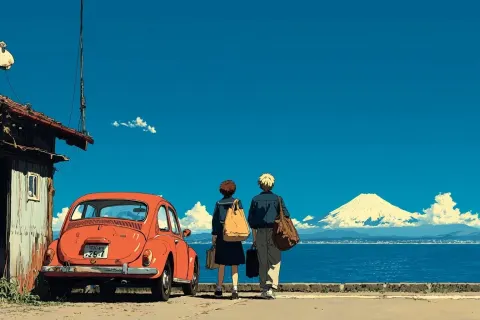 Teenagers, old car, riverside embankment, fuji