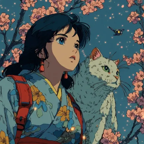 Japanese anime illustration of girl with cat
