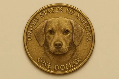 One dollar coin with dog face