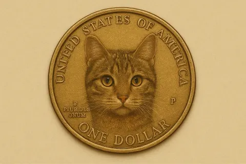 One dollar coin with cat face