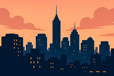 Illustration of city skyline at sunset