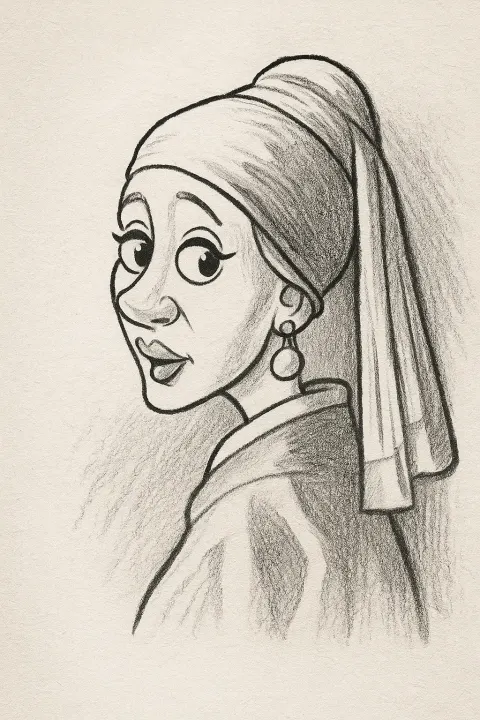 Funny grayscale sketch of girl in pearl earring