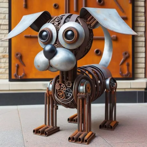 Steampunk Rusted Metal Dog Sculpture With Bolt Eyes