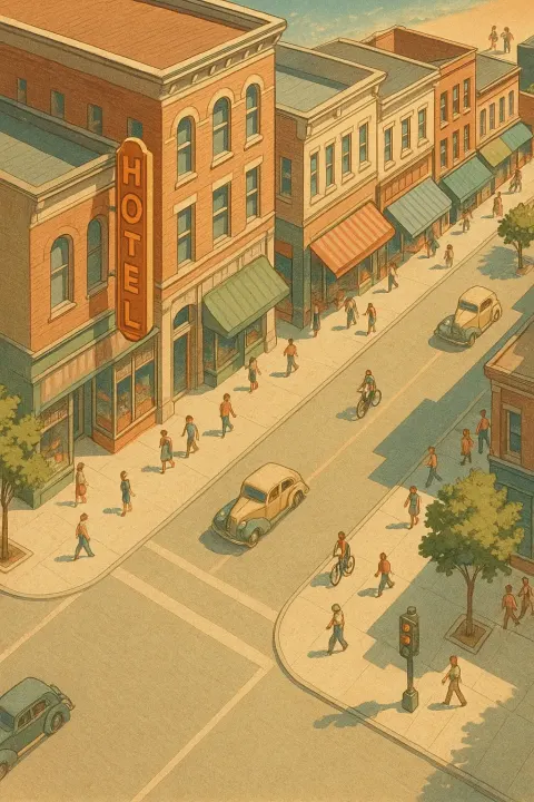 Retro poster art of downtown street