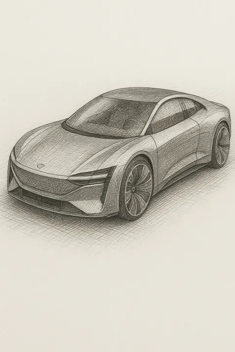Black and white pen illustration of future car