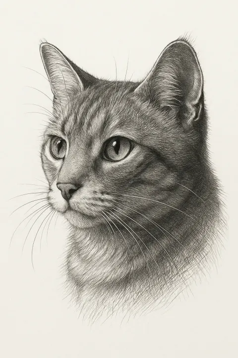 Black and white pen illustration of cat