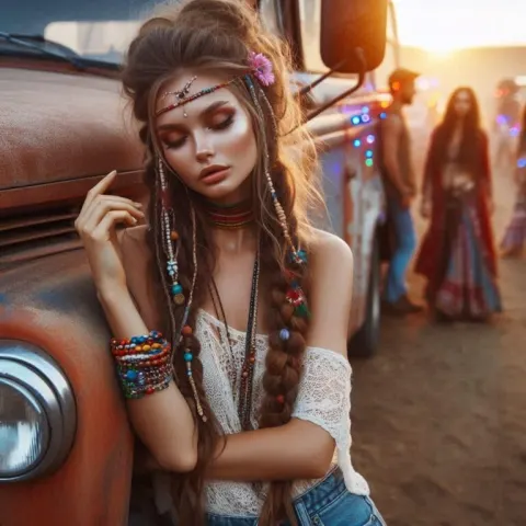 Bohemian Girl With Braids Beside Rusty Hippie Truck