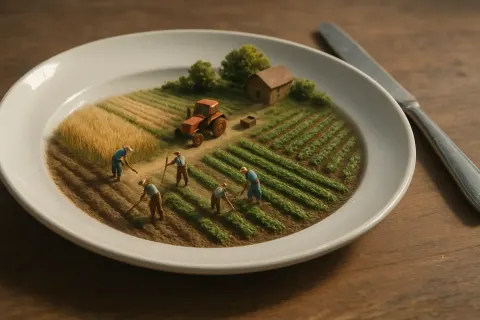 Miniature world of farm in white plate