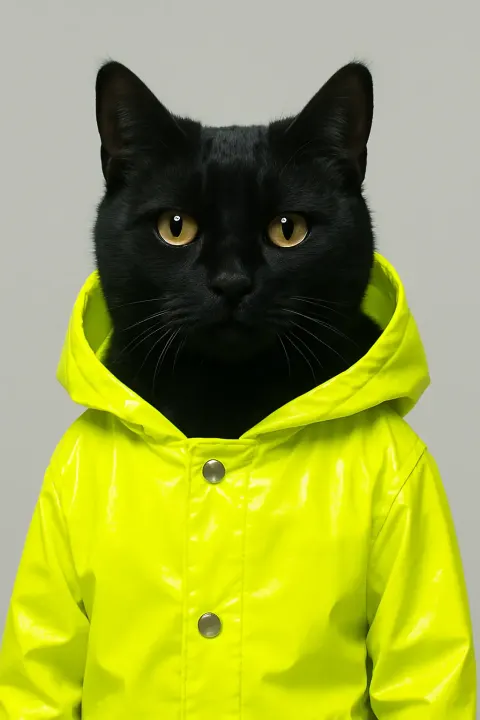 Striking visual effect of black cat with raincoat
