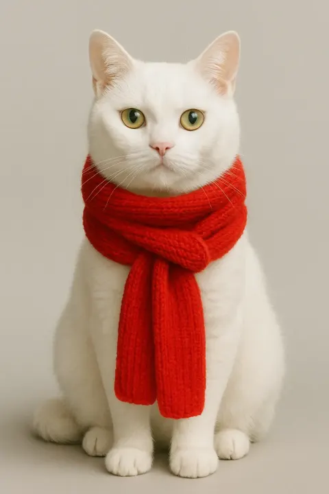 Striking visual effect of white cat with red scarf