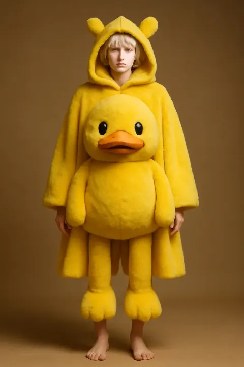 Model in yellow duck plush costume