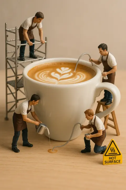 Miniature photography baristas workers and big coffee cup