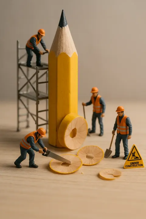 Miniature photography construction workers and slicing big pencile