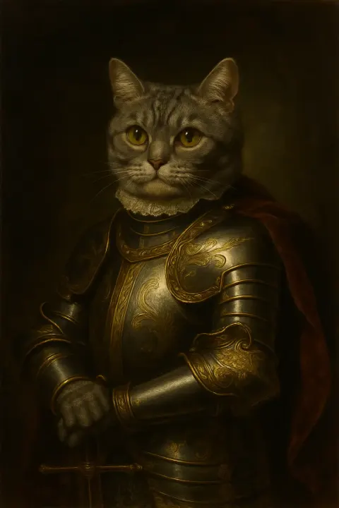Royal pet portrait of a cat in knight suit