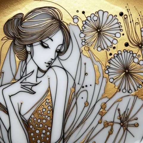 Gold and Silver Squiggle Ink Woman Touching Lips