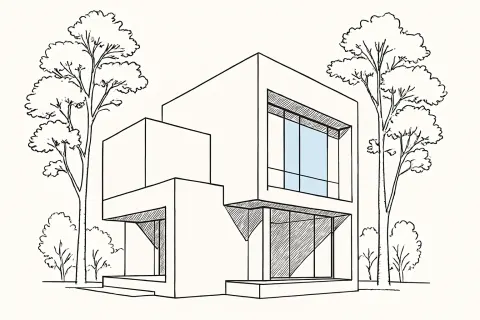 Line art drawing of brutalist house