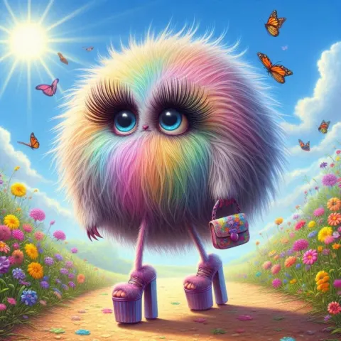 Rainbow Furred Creature in Platform Heels With Purse