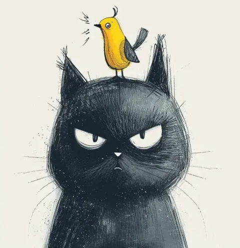 Angry Cat with Canary Minimalistic Line Art