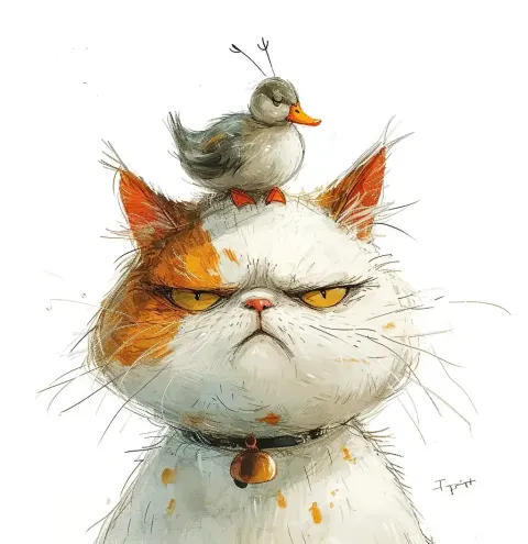 Angry Cat with Duck Minimal Line Art
