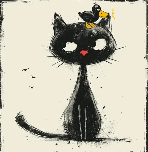 Angry Cat with Duck Minimalistic Line Art