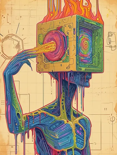 Psychedelic Prism Cube Techno-Surreal Humanoid