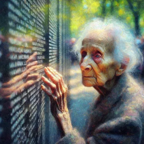 Elderly Woman Tracing Memorial Wall Names Impressionist