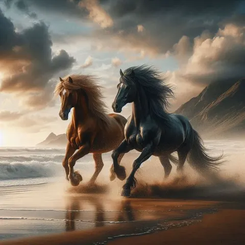Mare and Stallion Running Free Along Ocean Beach