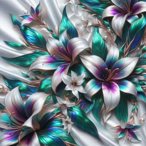 Iridescent Teal and Purple Tiger Lilies on White Satin