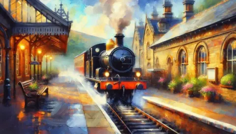 Steam Engine Arriving at Old English Station Art