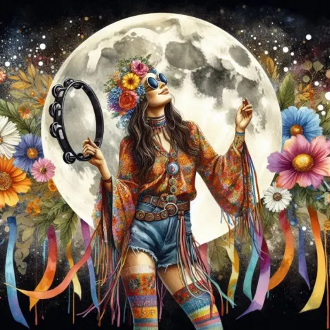 Hippie Woman Dancing With Tambourine Under Full Moon