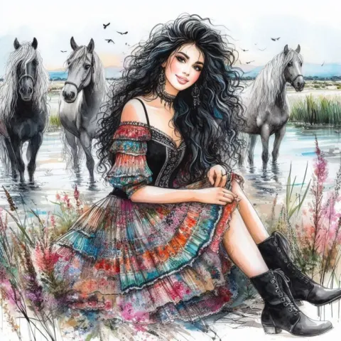 Smiling Gypsy Girl Among Horses Alcohol Ink Sketch