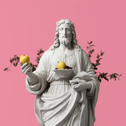 Marble Jesus Cutout With Pink Cartoon Strawberries