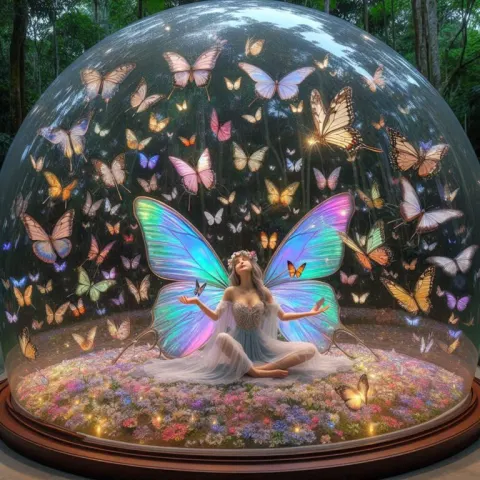 Fairy in Glass Dome Surrounded by Sparkling Butterflies