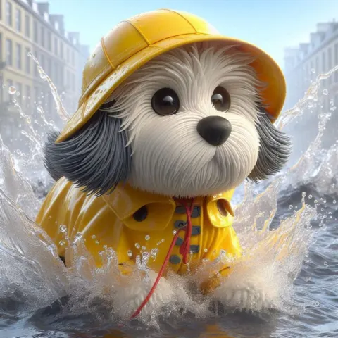 Old English Sheepdog in Yellow Mac Splashing Puddles