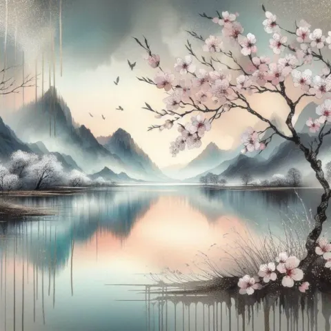 Morning Mist Lake With Blooming Apricot Reflections