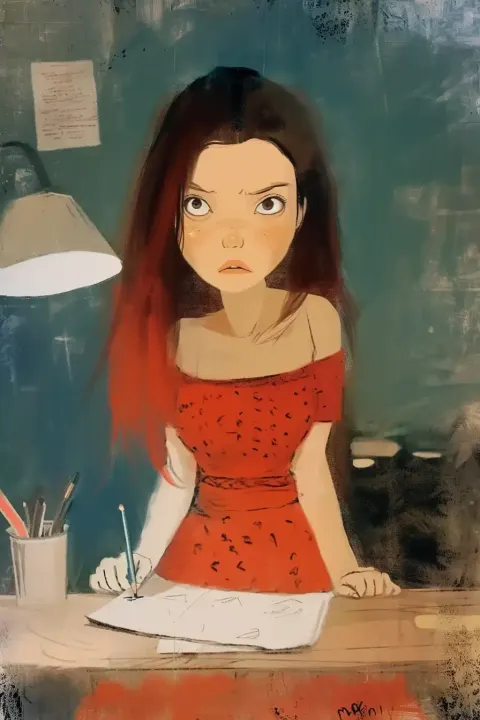 Detailed Angry Girl Doing Homework