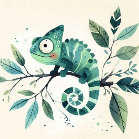 Cute Chameleon on Leafy Branch Minimalist Watercolor