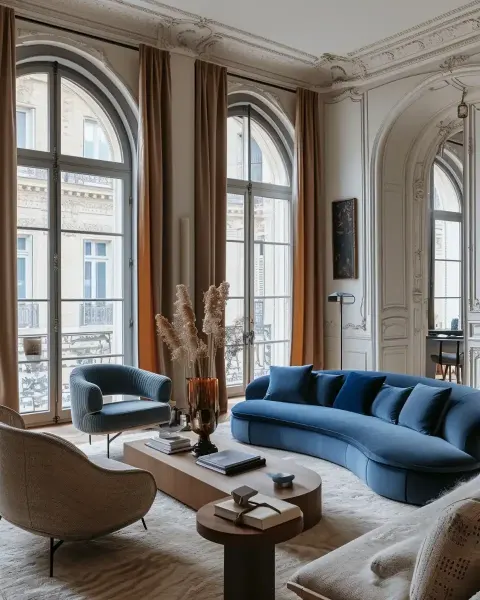 Azure Blue Living Room with Arched Window
